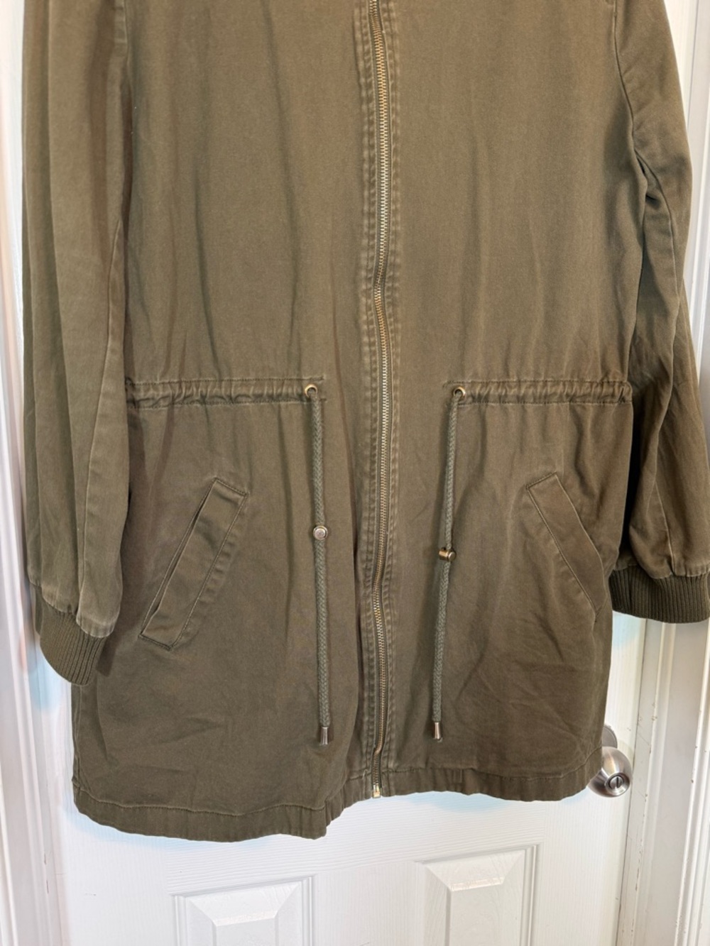 Perch By Blu Pepper Perch Olive Green Drawstring Longline Bomber Utility Jacket - Picture 2 of 14